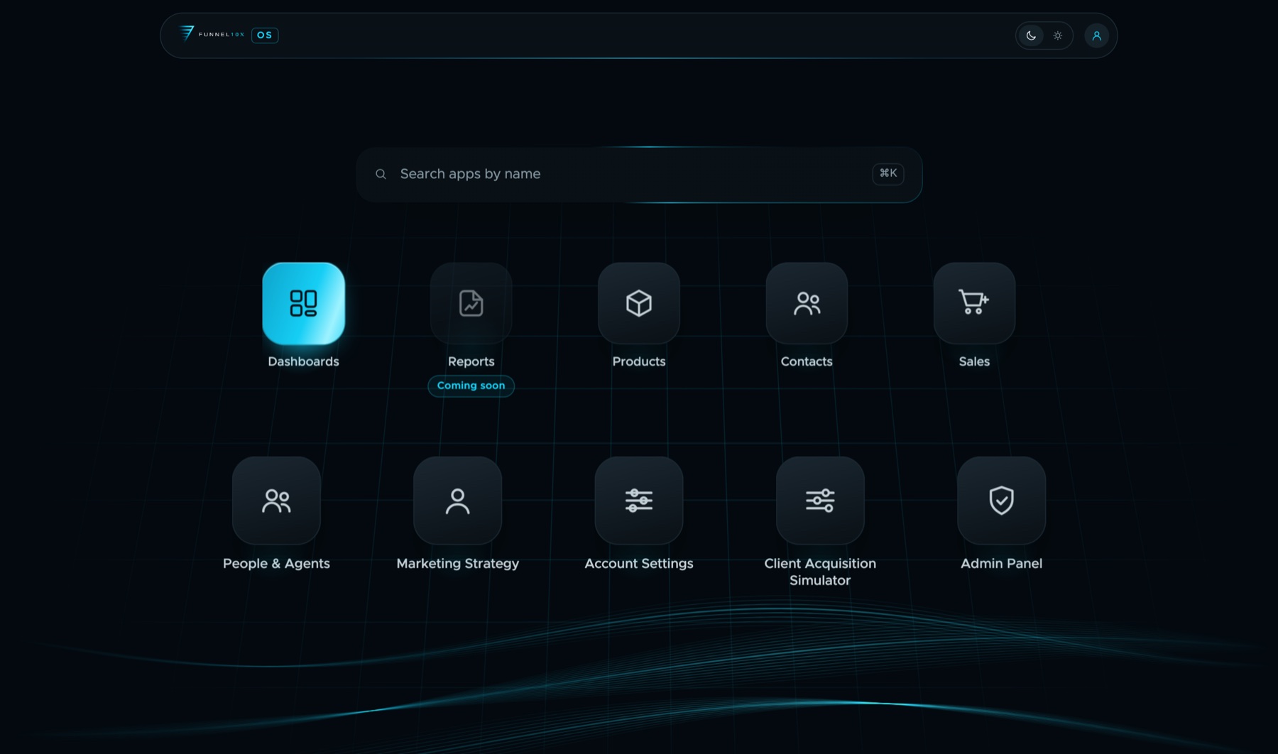 The Funnel 10X OS home screen, with the apps Dashboards, Reports, Products, Contacts, Sales, Brands, People & Agents, Marketing, Account Settings and Client Acquisition Simulator